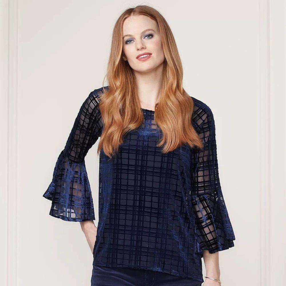 LC Lauren Conrad Runway Velvet Flocked Top Large Sheer Bell Sleeve Keyhole Blue